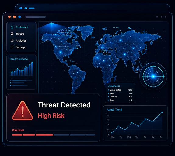 Threat detection dashboard showing a high-risk alert