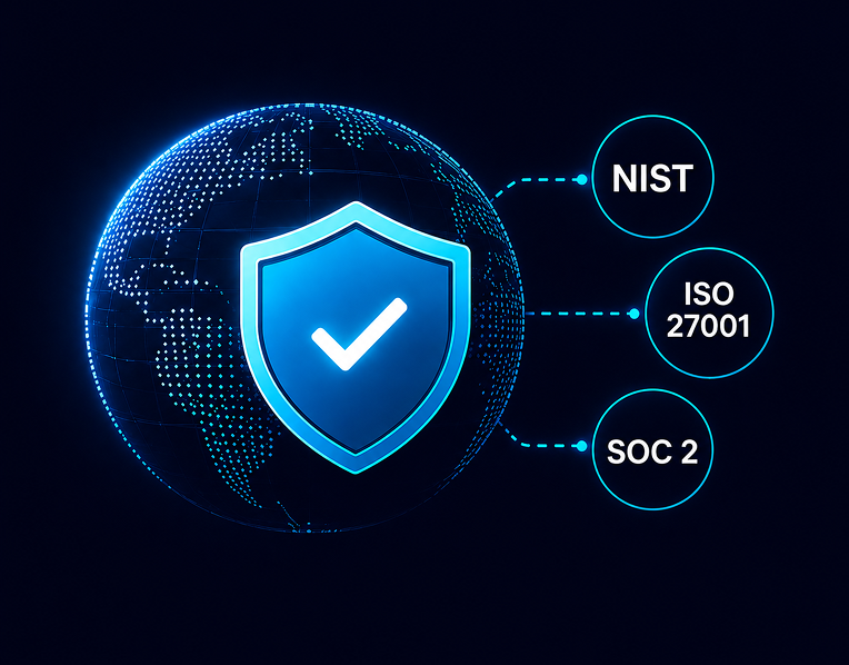 Shield on a globe mapped to NIST, ISO 27001 and SOC 2