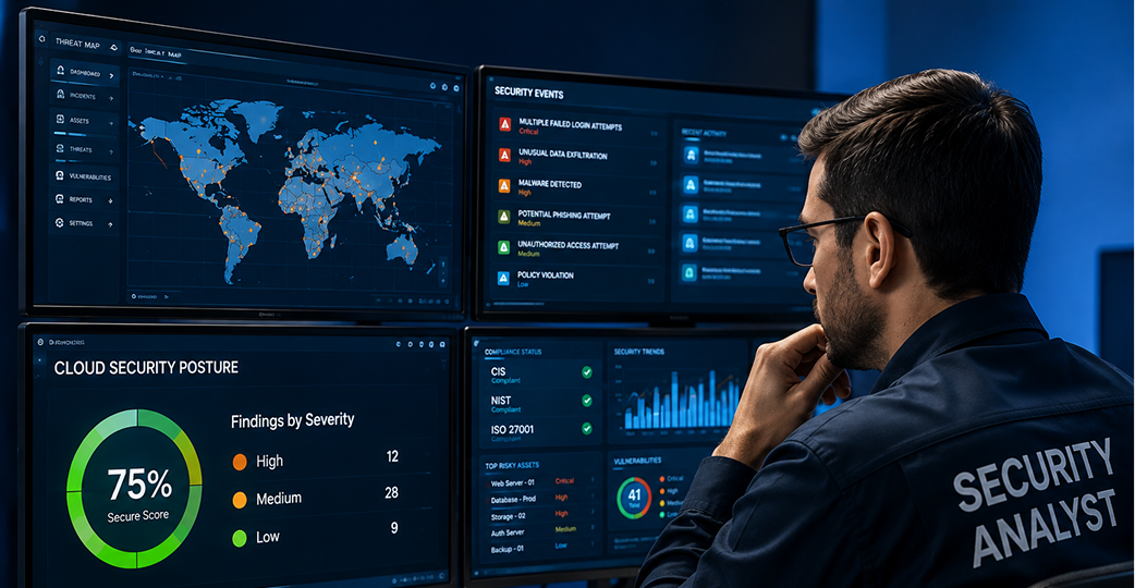Security analyst reviewing a cloud security posture dashboard