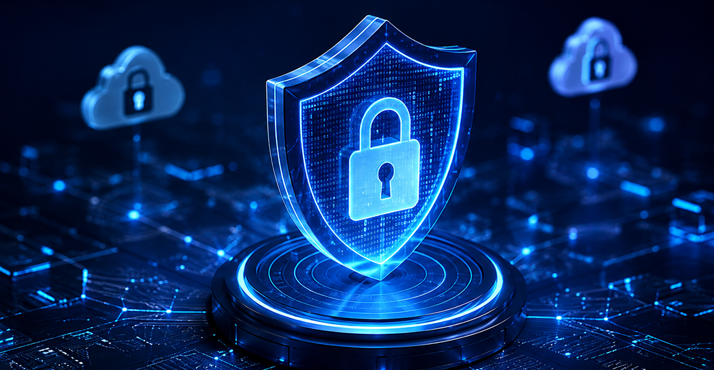 Cloud security shield with padlock