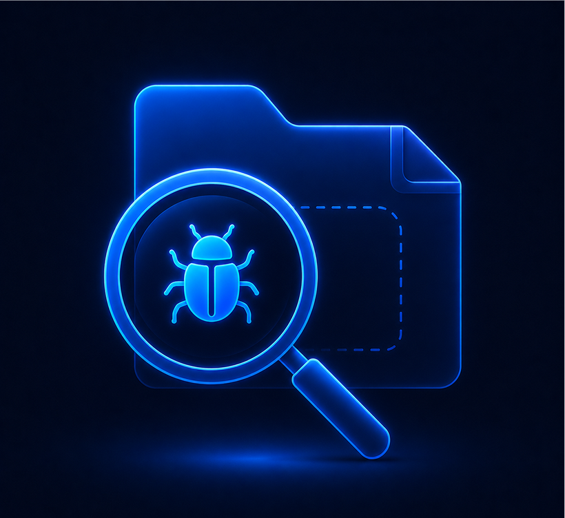 Magnifier over a folder revealing hidden malware
