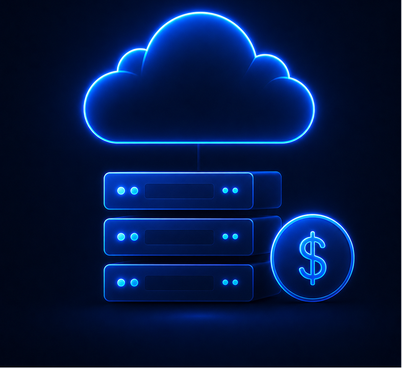 Cloud over servers and a cost badge