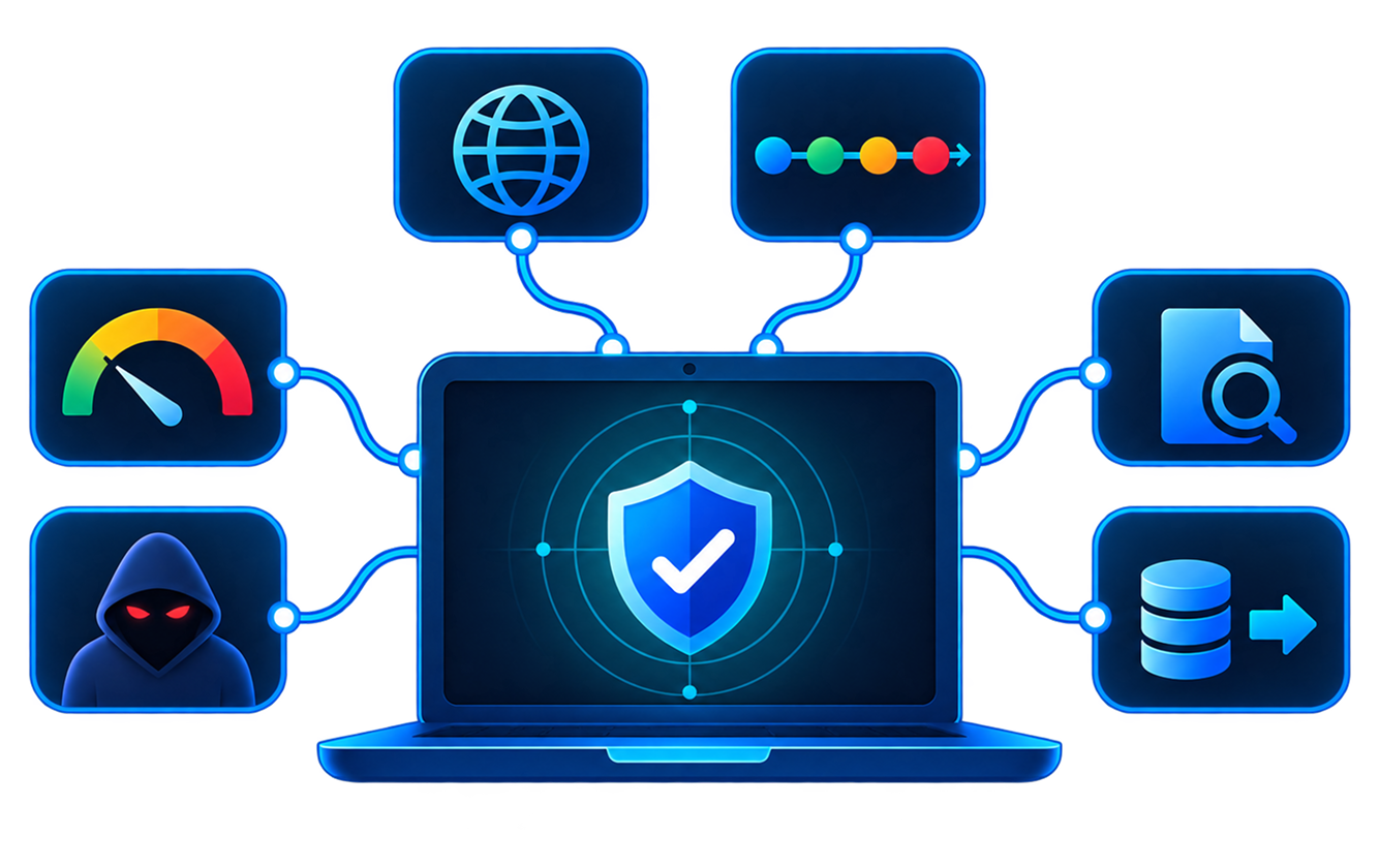 ThreatLab report hub connecting risk score, threat actor, network, timeline, report and data export