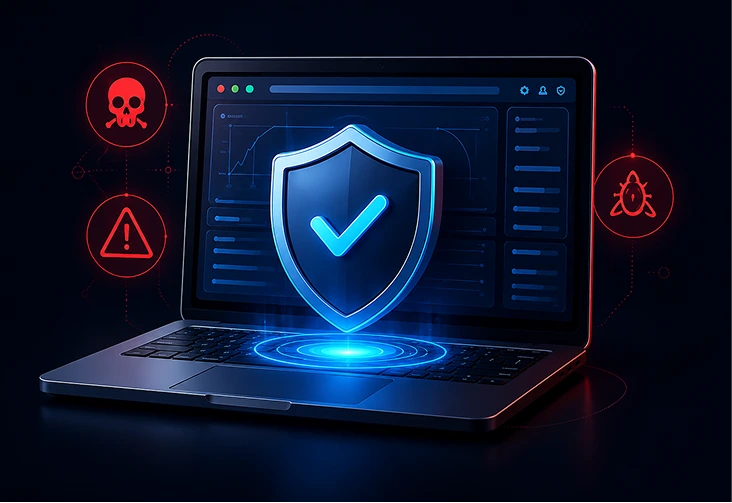 Laptop displaying a security shield neutralizing threats